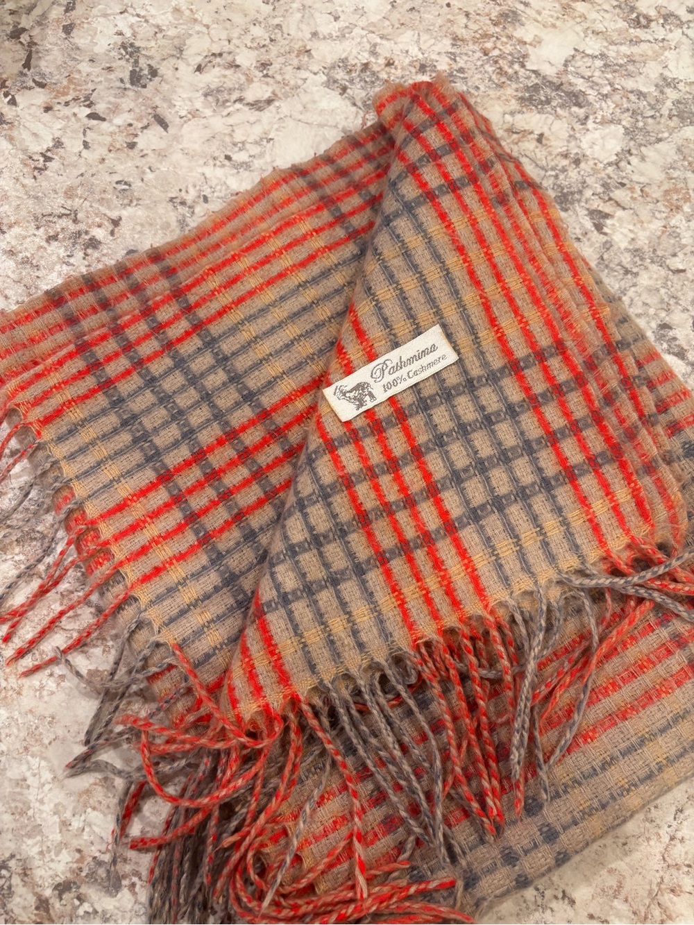 Pashmina 100% Cashmere Plaid Fringe Scarf - Tan, Orange and Gray